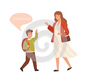 Smiling cartoon well mannered boy greeting adult woman vector flat illustration. Cartoon schooler guy waving hand to photo