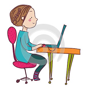 Smiling cartoon woman at laptop