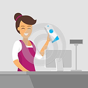 Smiling cashier at the checkout. Buying groceries in the store. Vector illustration of a flat style. Payment of photo