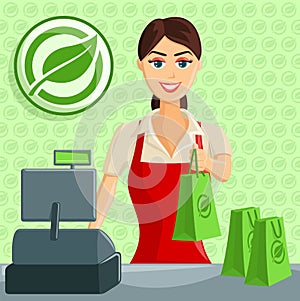 Smiling Cashier Girl at Eco Green Store