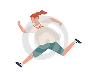 Smiling casual girl running fast vector flat illustration. Happy young teenage female hurry or haste isolated on white