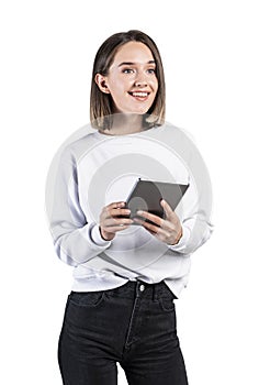 Smiling casual woman with tablet, isolated