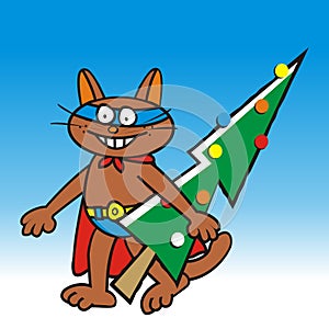 Smiling cat with Christmas tree, humorous design, eps.