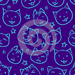 Smiling cat with stars on purple background.