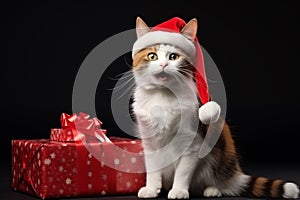 a smiling cat wear santa claus suit holding gift box on white background