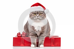 a smiling cat wear santa claus suit holding gift box on white background