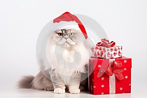 a smiling cat wear santa claus suit holding gift box on white background