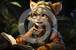 Smiling catgirl in a military vest reads a book with joy in the middle of the jungle.