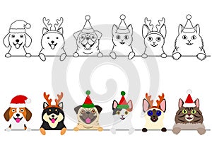 Smiling cats and dogs with Christmas costumes border set