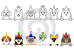Smiling cats and dogs with party hat border set