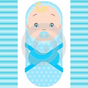 Smiling caucasian baby boy with pacifier isolated on white background. Vector cartoon mascot.