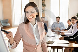 Smiling Caucasian female coach make presentation at meeting