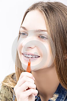 Smiling Caucasian Female Teenager Girl With Teeth Braces