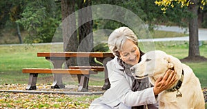 Smiling caucasian senior woman with dog sitting on grass against trees in park during winter