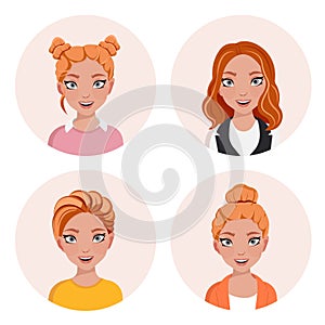 Smiling caucasian woman avatar set. Different women characters collection. Isolated vector illustration with round