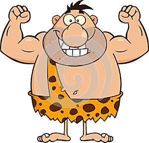 Smiling Caveman Cartoon Character Flexing