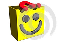 Smiling Character with question mark Concept. 3D Smiley cube Box.