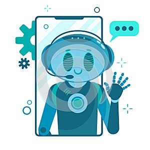 Smiling chat bot character robot helping solve a problems. For website or mobile application. Flat cartoon illustration