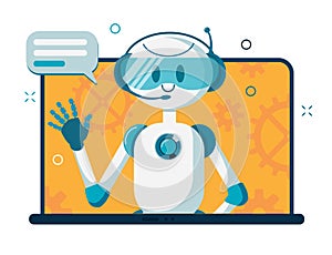Smiling chat bot character robot helping solve a problems. For website or mobile application. Flat cartoon illustration
