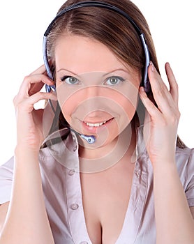 Smiling cheerful customer support phone operat