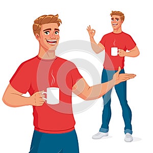 Smiling cheerful man with a cup of hot drink presenting and showing OK hand sign gesture. Vector illustration.