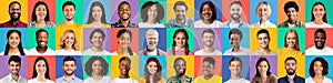 Smiling cheerful millennial international male and female looking at camera with person with albinism in middle