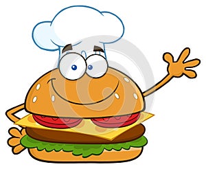 Smiling Chef Burger Cartoon Mascot Character Waving For Greeting