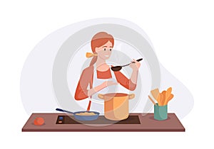 Smiling chef cooking on kitchen table. Wife cooked soup and tastes it with a spoon. Vector illustration home concept