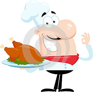 Smiling Chef Man Cartoon Character Holding Roasted Chicken