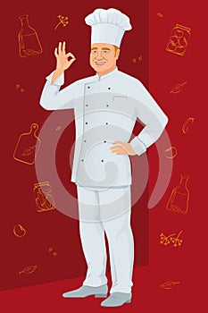 Smiling chef shows gesture delicious on background culinary spices.