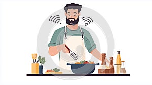 Smiling chef using smart technology while cooking in the kitchen