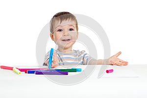 Smiling child with color felt pen over white