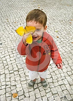 Smiling child cover his face with autumn leaf