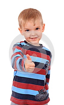 Smiling child with thumbs up sign, isolated on white