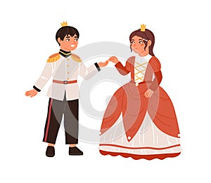 Smiling children couple in king and queen carnival costumes at royal ball vector flat illustration. Happy little prince