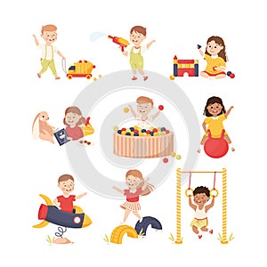 Smiling Children Playing and Having Fun Bouncing on Ball and Pulling Toy Car Vector Set