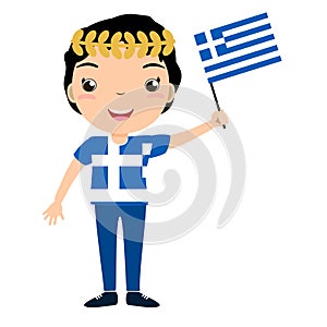 Smiling chilld, boy, holding a Greece flag isolated on white photo