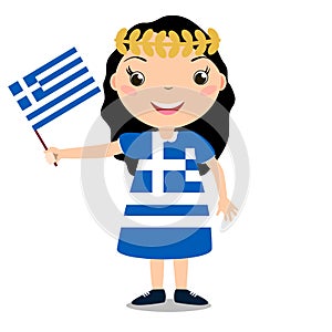 Smiling chilld, girl, holding a Greece flag .