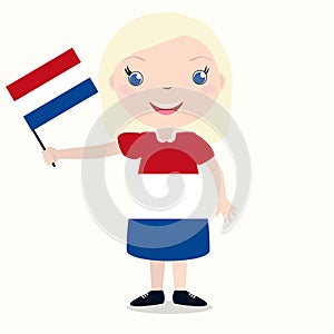 Smiling chilld, girl, holding a Netherlands flag isolated on white background. Vector cartoon mascot. Holiday illustration to the photo