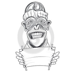 Smiling chimpanzee with message board photo