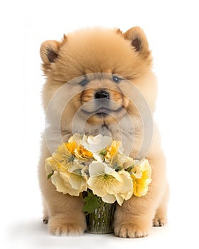 Smiling chow chow puppy dog with a bouquet of yellow flowers for Mothers day or birthday present.