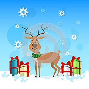 Smiling Christmas Reindeer With Holiday Present Boxes Happy New Year Celebration Banner