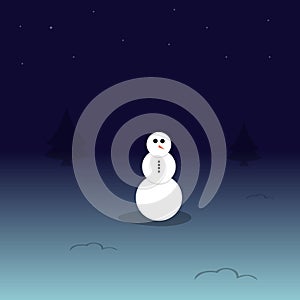 Christmas snowman in a snow landscape at night.. Vector illustration