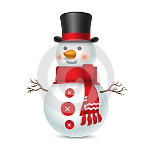 Smiling Christmas snowman with top hat and red scarf isolated on white background. Vector illustration