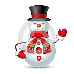 Smiling Christmas snowman with top hat and red scarf isolated on white background. Vector illustration