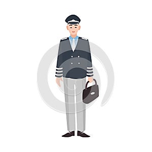 Smiling civilian aircraft pilot, aircrew captain, aviator or airman dressed in uniform. Cheerful male cartoon character