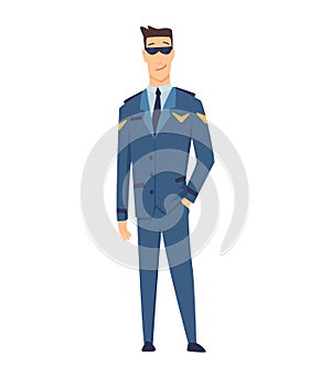 Smiling civilian aircraft pilot, aircrew captain, aviator or airman dressed in uniform. Cheerful male cartoon character