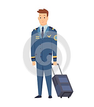 Smiling civilian aircraft pilot, aircrew captain, aviator or airman dressed in uniform with suitcase. Cheerful male