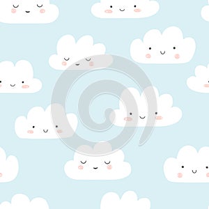 Smiling clouds vector pattern. Cute sky seamless background. Hand drawn illustration for babies, kids.