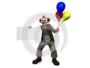 Smiling clown with balloons holding blank sign.